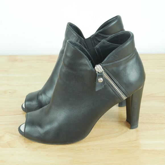 Stuart Weitzman Size 10 Ankle Boot Peep Toe Side Zip Black Bootie Leather Heels - Picture 5 of 14